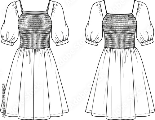 Smocked dress fashion flat, puff sleeve summer dress technical sketch, garment CAD illustration for apparel design, vector clothing template drawing