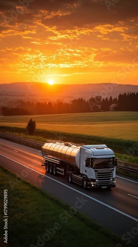 A tanker truck on a highway drives into the sunset, with vibrant sky and golden fields
