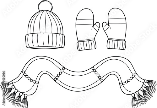 Winter hat mittens and scarf technical drawing, cozy knitted accessories outline for fashion designers, detailed apparel cad sketch flat vector illustration