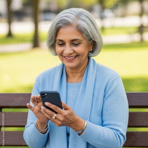 A smiling, happy elderly Indian woman in a blue sweater using a mobile phone while sitting on a park bench.