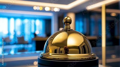 Golden Reception Bell: Close-up shot of a pristine golden reception bell set in a luxury lobby, designed for hospitality. evoking a sense of service, elegance and anticipation.