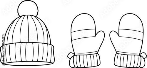 Winter beanie and mittens technical drawing, cozy knitted accessories outline for fashion design, detailed cad sketch flat vector illustration