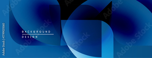 Abstract blue shapes overlap, creating dynamic background. Modern design features gradients, smooth transitions, visual depth.