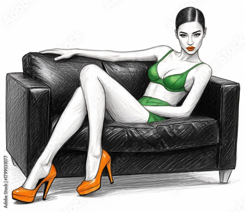 Pin-up Girl in a Green Bikini Posing on a Black Sofa on white isolated background. Glamorous Female Fashion Model in Lingerie/Swimsuit, Hand-drawn Vector Art. Couture fashion illustration .