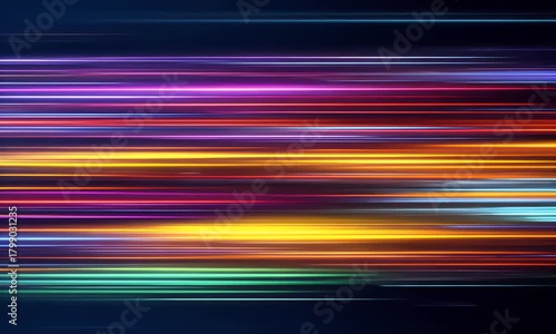 Vibrant horizontal light streaks in a spectrum of colors including pink purple blue green and yellow against a dark background creating a sense of speed and energy