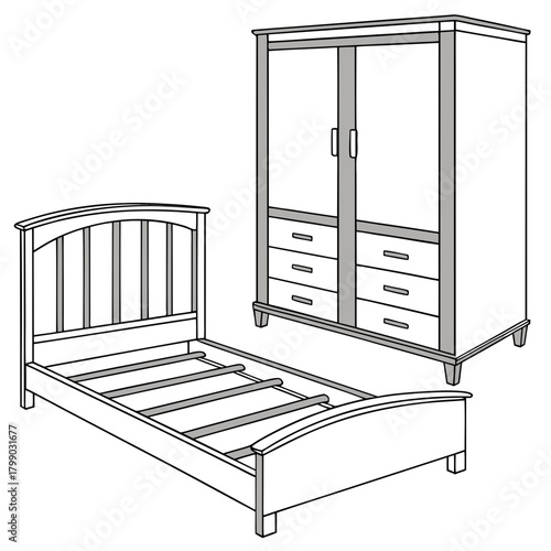A simple line art illustration of a wooden children s bed frame with a slatted base and a matching wardrobe with two doors and six drawers on a white background