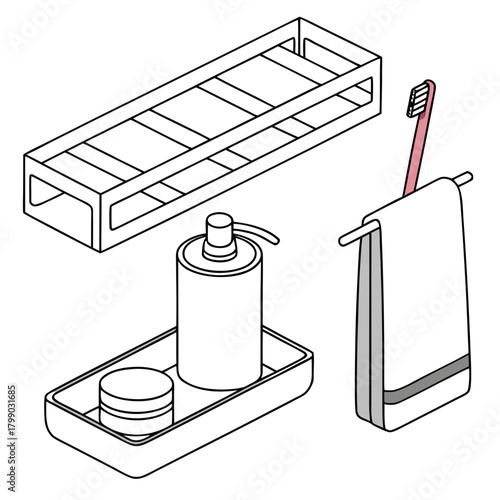 Clean line art isometric illustration of a bathroom organizer shelf holding toiletries and a pink toothbrush with a white towel hanging on a rack for personal hygiene and daily routine