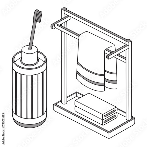 Isometric illustration of bathroom essentials including a toothbrush in a holder and a towel rack with folded towels and a hanging towel presented in a clean minimalist line art style