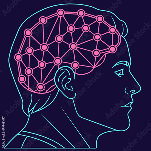 Abstract representation of a human head profile with a neon pink network of nodes and connections symbolizing a digital brain or artificial intelligence on a dark blue background