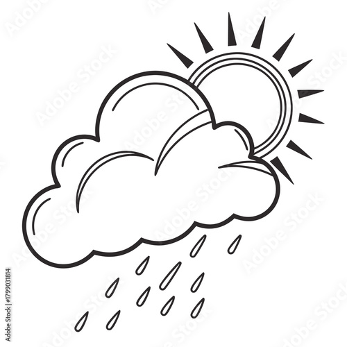 A stylized black and white illustration of a sun peeking from behind a fluffy cloud with raindrops falling representing mixed weather conditions