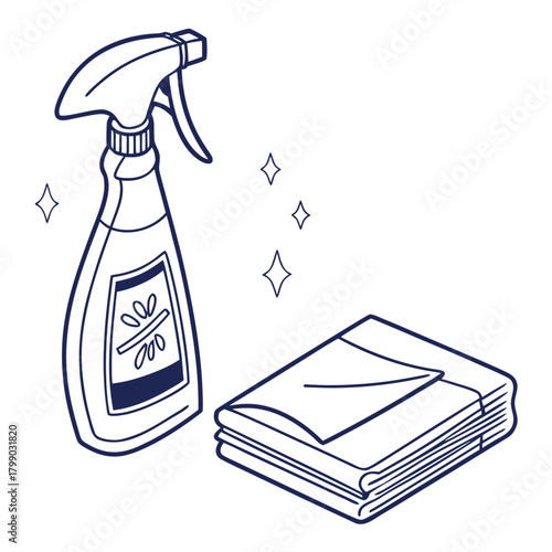 A simple hand drawn line art illustration of a cleaning spray bottle and a stack of folded cloths with sparkling stars indicating cleanliness and freshness