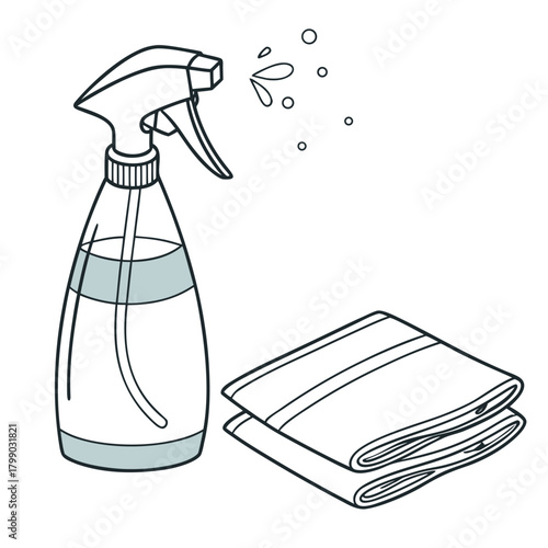 Simple line drawing illustration of a clear spray bottle with liquid and a spray mist next to a stack of two folded towels representing cleaning supplies and household chores