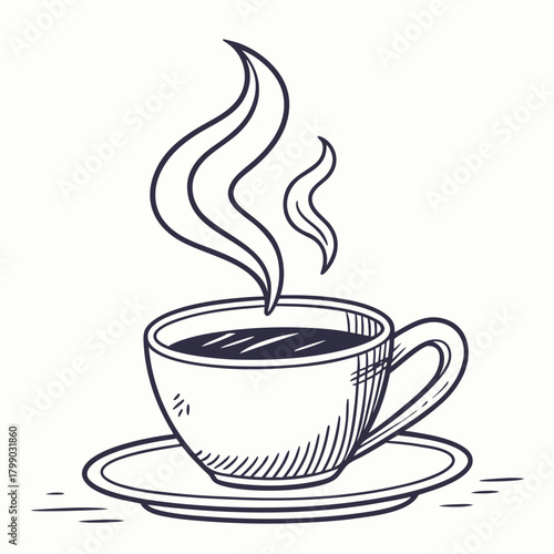 A simple hand drawn sketch of a steaming cup of coffee or tea on a saucer with a minimalist style and clean white background perfect for beverage related designs