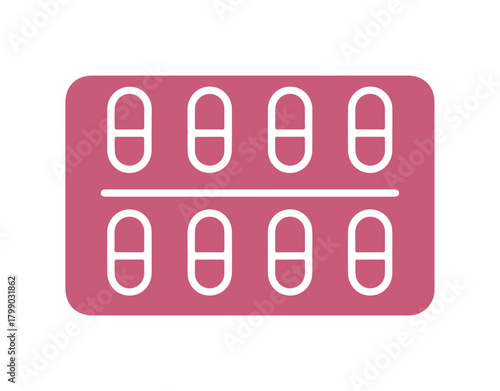A simple depiction of a capsule blister pack showing eight capsules arranged in two rows divided by a line. Perfect for themes related to medicine, pharmaceuticals, healthcare, medications.