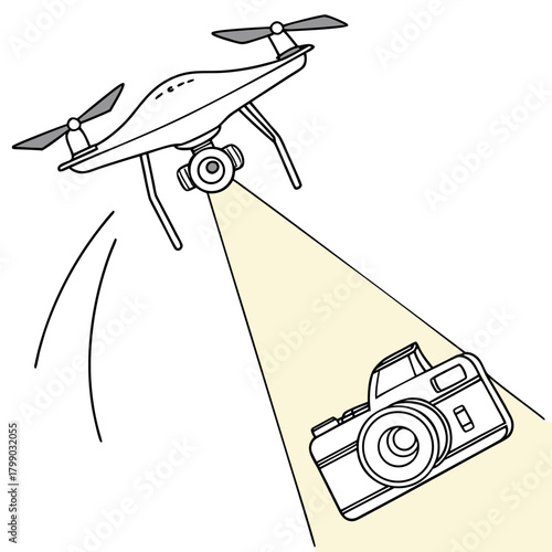 A modern drone with a camera gimbal captures a vintage camera with a beam of light illustrating aerial photography and technology evolution