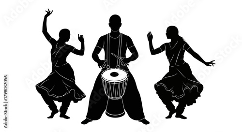 Silhouettes of Indian dancers and a drummer performing traditional music and dance.