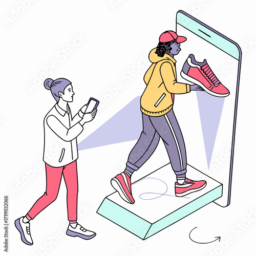 A person uses a smartphone to interact with a digital representation of a person holding a shoe emerging from a virtual screen symbolizing online shopping and augmented reality experiences