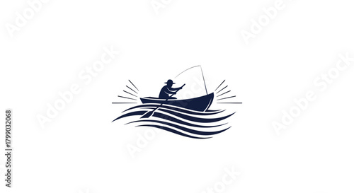 A stylized illustration of a person fishing from a small boat on wavy water with sunburst rays, depicting a peaceful outdoor hobby.