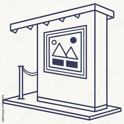 A minimalist line art illustration of an outdoor art exhibition booth displaying a simple landscape painting with mountains and a sun featuring a velvet rope barrier for crowd control