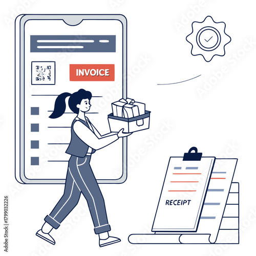 A woman carrying a box of gifts walks past a mobile phone displaying an invoice and a receipt symbolizing efficient delivery and payment processing
