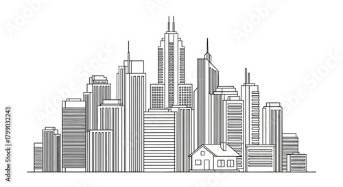 Line drawing of a modern city skyline with numerous skyscrapers and a small house at the base.