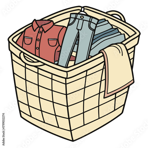 A simple cartoon illustration of a light yellow woven laundry basket filled with clean folded clothes including a red shirt blue jeans and a beige towel draped over the side