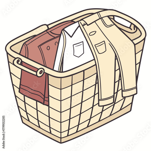 A simple cartoon illustration of a woven laundry basket filled with clean folded clothes including a pair of tan pants and two shirts one white and one reddish brown ready for storage or transport