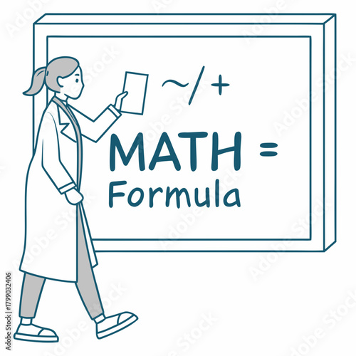 A scientist or teacher in a lab coat stands next to a whiteboard with the words math formula and some symbols written on it in a simple line art style
