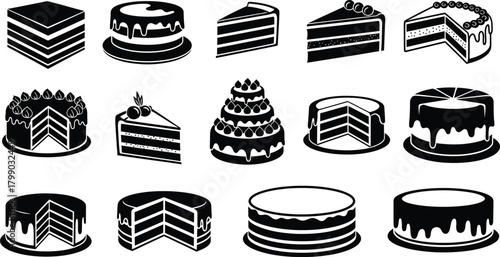 Collection of black and white illustrations of various cakes and cake slices