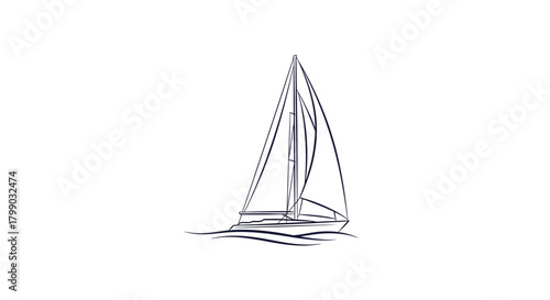A detailed line drawing of a sailboat with sails up, gently floating on water, against a white background.