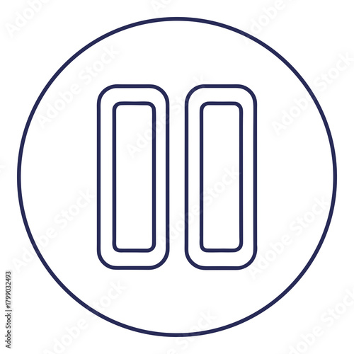 A minimalist dark blue outline of a pause button symbol enclosed within a circular border on a clean white background representing a common media control icon