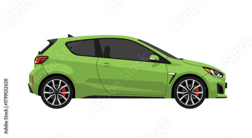 Modern Green Compact Hatchback Car on White Background Side View american football