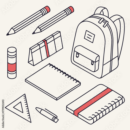 Isometric illustration of school supplies including a backpack pencils notebooks a ruler and an eraser with a clean outline and red accents on a light background