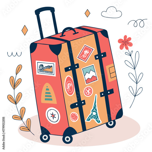 A vibrant and whimsical illustration of a retro suitcase adorned with travel stickers from around the world set against a clean white background with playful decorative elements