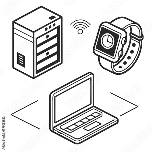 Isometric line art illustration showing a server tower connected to a laptop and a smartwatch with wireless connectivity symbolizing a smart home or office network