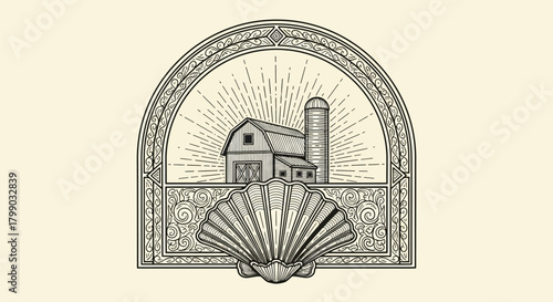 Vintage engraved illustration of a farm barn and silo with sun rays, framed by an ornate arch and a scallop shell in the foreground.