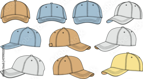 Multicolor baseball cap vector set, detailed hat templates with stitching, front and side views for apparel design cad drawing flat vector illustration