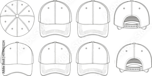 Baseball cap technical drawing set, detailed multiview hat templates with stitching, professional apparel design schematics for fashion cad drawing flat vector illustration