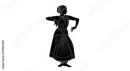 Silhouette of a woman performing a classical Indian dance in traditional attire with expressive hand gestures.