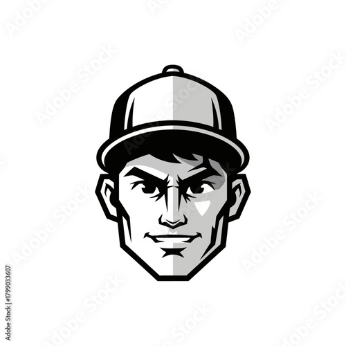 Black and white illustration of a man's head wearing a baseball cap with an intense expression.