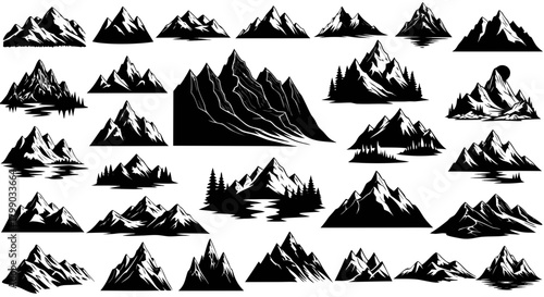 A comprehensive collection of diverse black and white mountain silhouettes, showcasing various peaks, ranges, and natural landscapes.