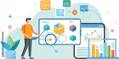 A data scientist meticulously analyzes complex algorithmic data visualizing insights with charts and graphs on a digital interface for strategic decision making