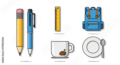 Flat School and Office Supply Icons