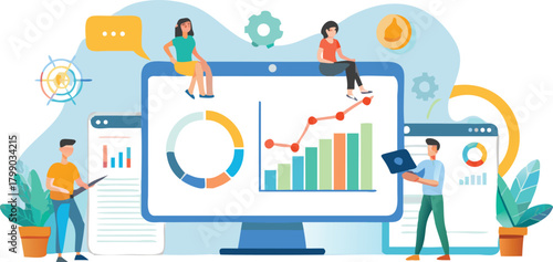 Dynamic digital marketing growth concept with diverse people analyzing data and charts for business expansion and success