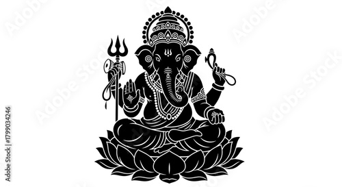 Detailed black and white illustration of Lord Ganesha sitting on a lotus flower, a revered Hindu deity with an elephant head and multiple arms.