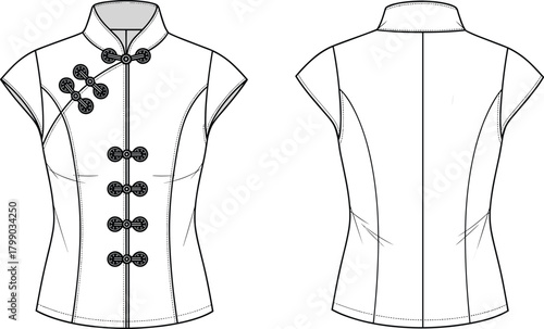 Chinese qipao blouse technical flat sketch, mandarin collar top vector template, front and back garment design drawing, detailed fashion cad drawing flat vector illustration