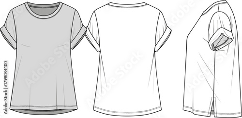 Women’s rolled-sleeve t-shirt CAD template, flat vector apparel illustration, fashion technical drawing, front back side views, garment design reference