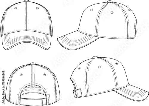 Baseball cap CAD sketch, flat vector illustration, technical hat drawing, fashion accessory template, detailed outline design, adjustable cap blueprint, professional vector artwork