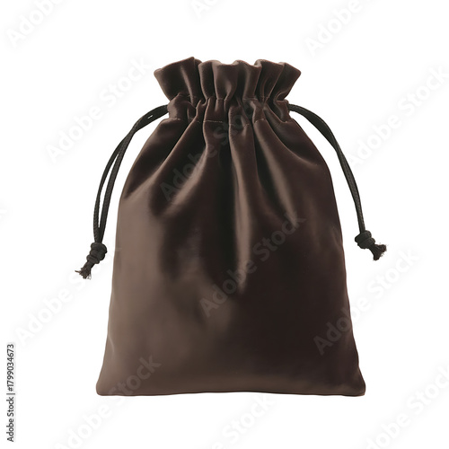 A soft brown velvet drawstring pouch with black cords isolated on transparent background