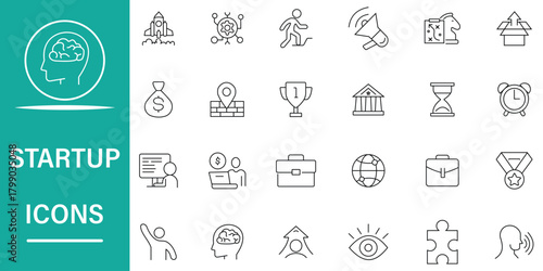 Set of 24 outline icons related to startup. Business startup icons business plan, investment, launch, project, idea, funding, contract, innovation, development, creative and more symbol collection.